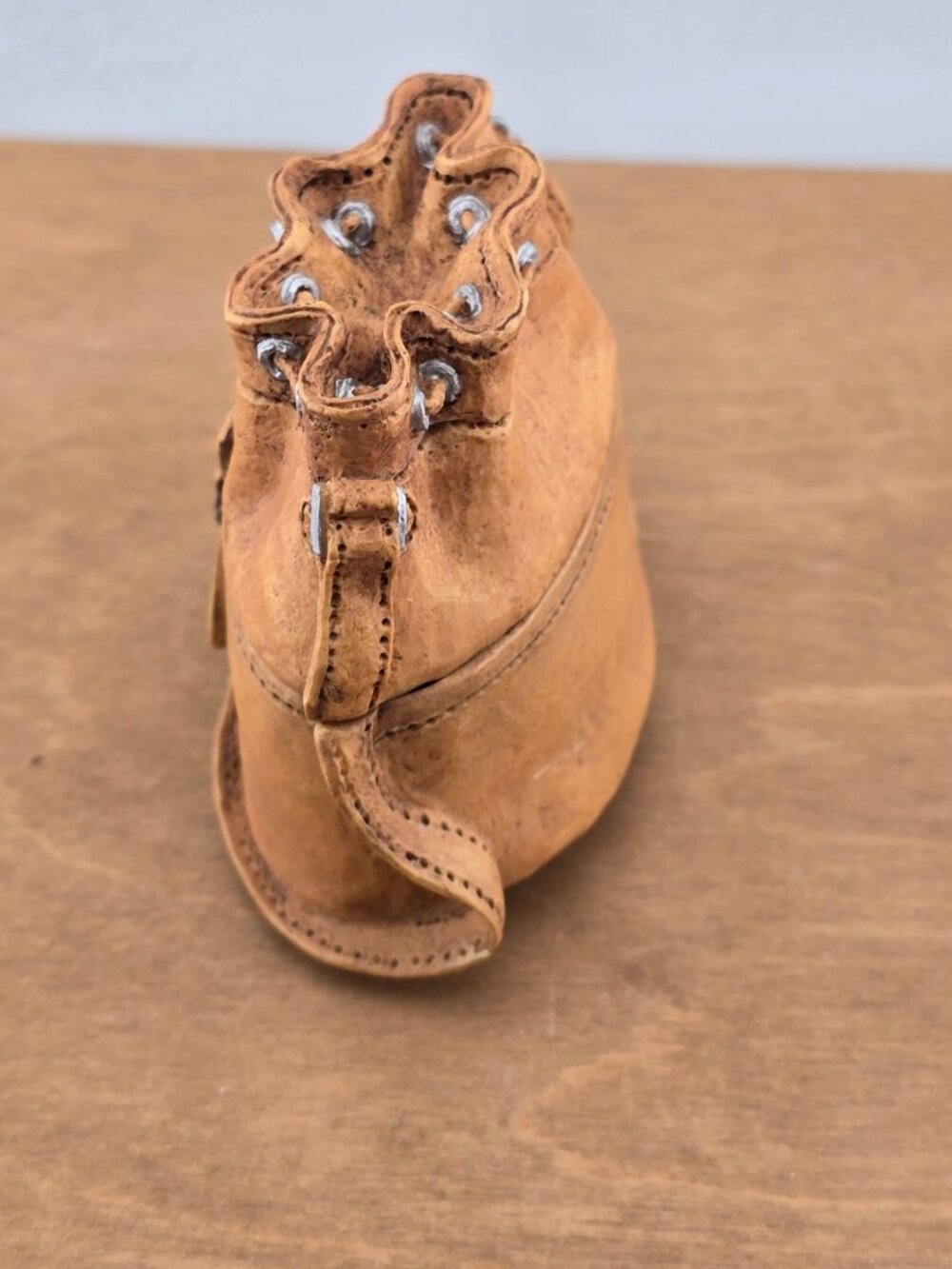 Vintage Raine Miniature Leather Bag Sculpture With Drawstring & Buckle Accents - Picture 4 of 12